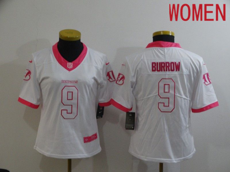Women Cincinnati Bengals 9 Burrow Pink white Nike Vapor Untouchable Limited 2020 NFL Nike Jerseys